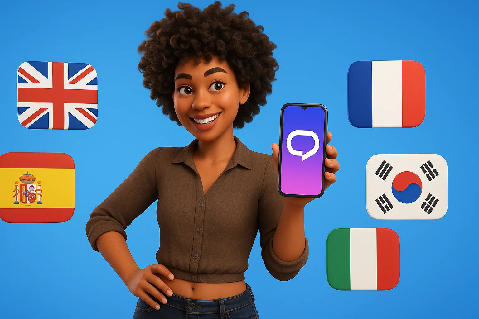 a brown skin woman holding a phone with Praktika logo with different national flags